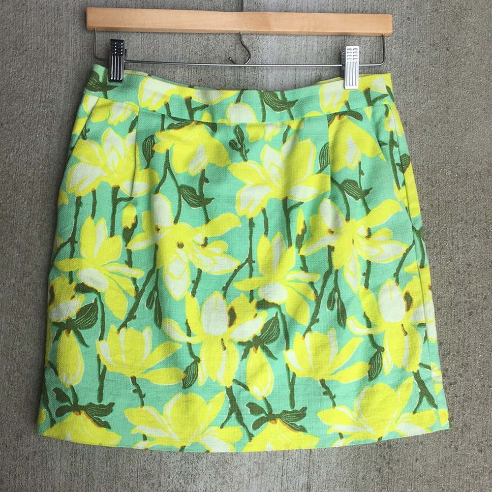 J. Crew Green Yellow Floral Skirt Pockets Size 4